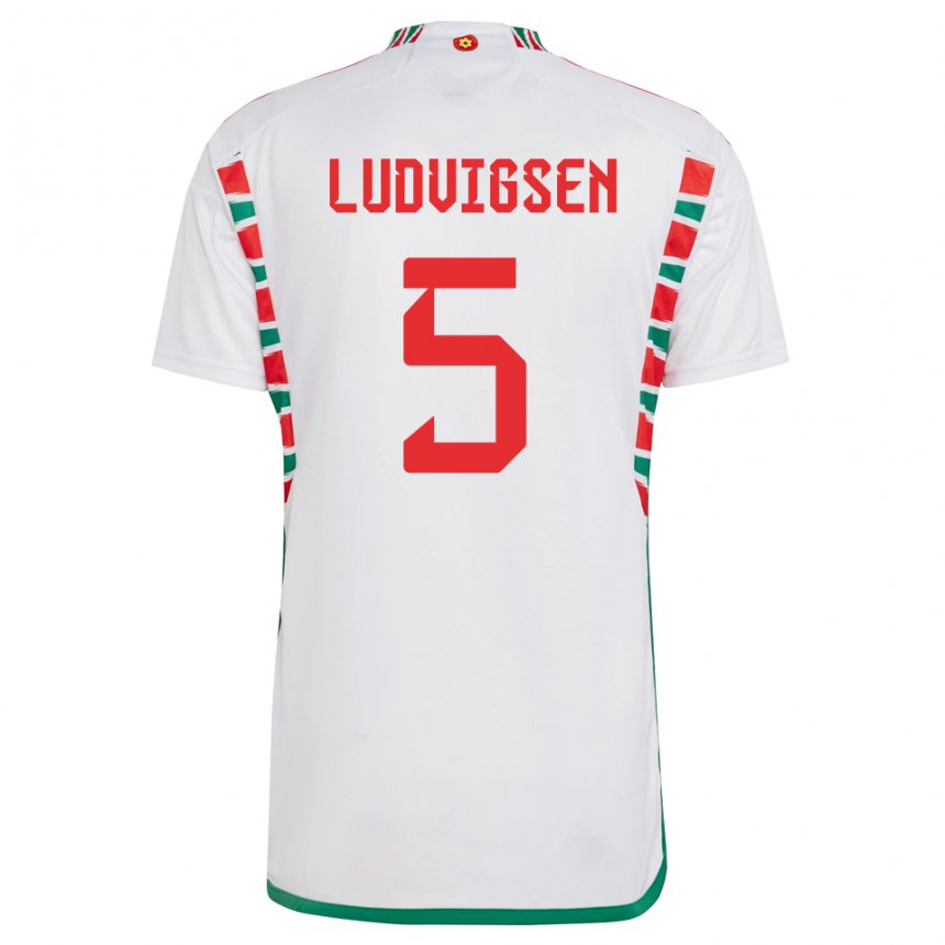 Kinder Walisische Kai Ludvigsen #5 Weiß Auswärtstrikot Trikot 22-24 T-shirt