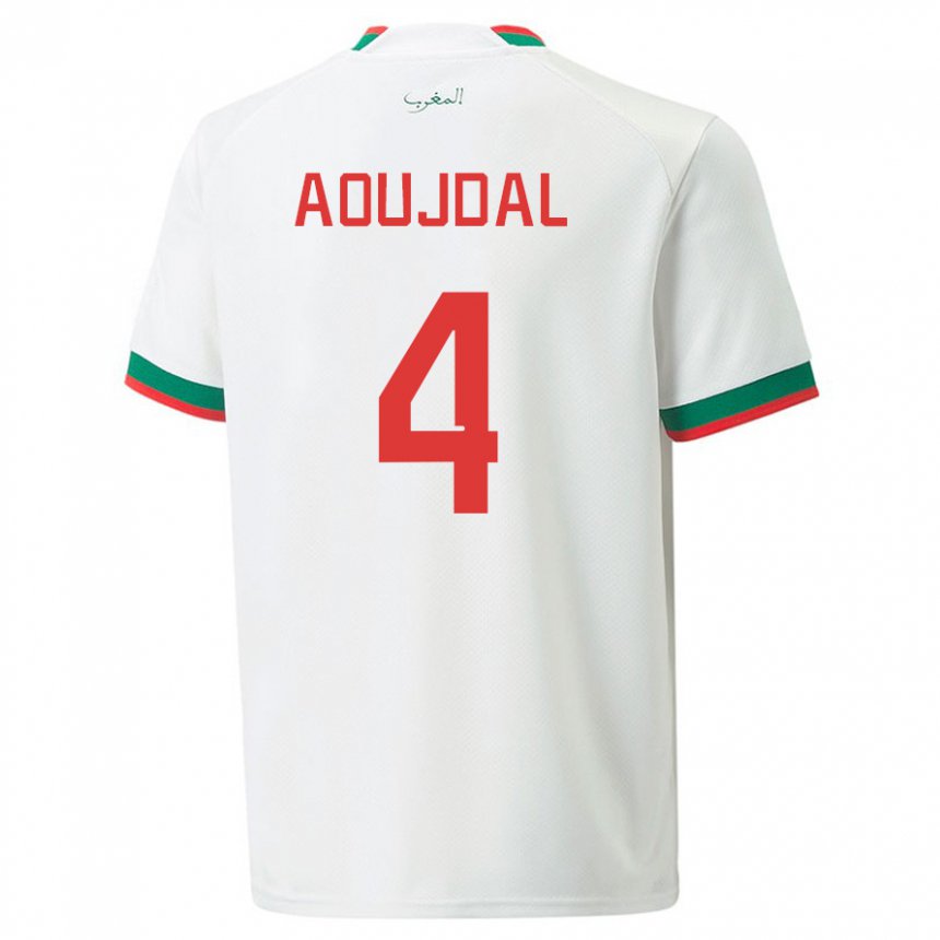 Herren Marokkanische Youssef Aoujdal #4 Weiß Auswärtstrikot Trikot 22-24 T-shirt