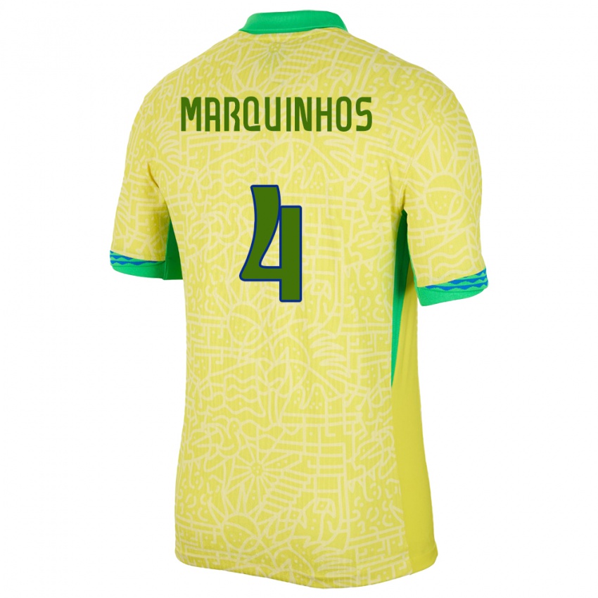 Kinder Brasilien Marquinhos #4 Gelb Heimtrikot Trikot 24-26 T-Shirt