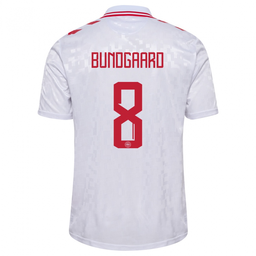 Damen Dänemark Filip Bundgaard #8 Weiß Auswärtstrikot Trikot 24-26 T-Shirt