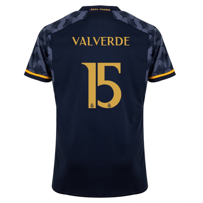 Kinder Federico Valverde #15 Dunkelblau Auswärtstrikot Trikot 2023/24 T-Shirt