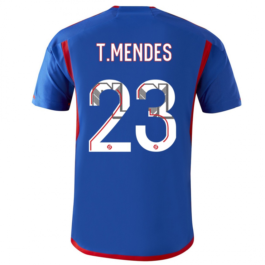 Herren Thiago Mendes #23 Blau Rot Auswärtstrikot Trikot 2023/24 T-Shirt